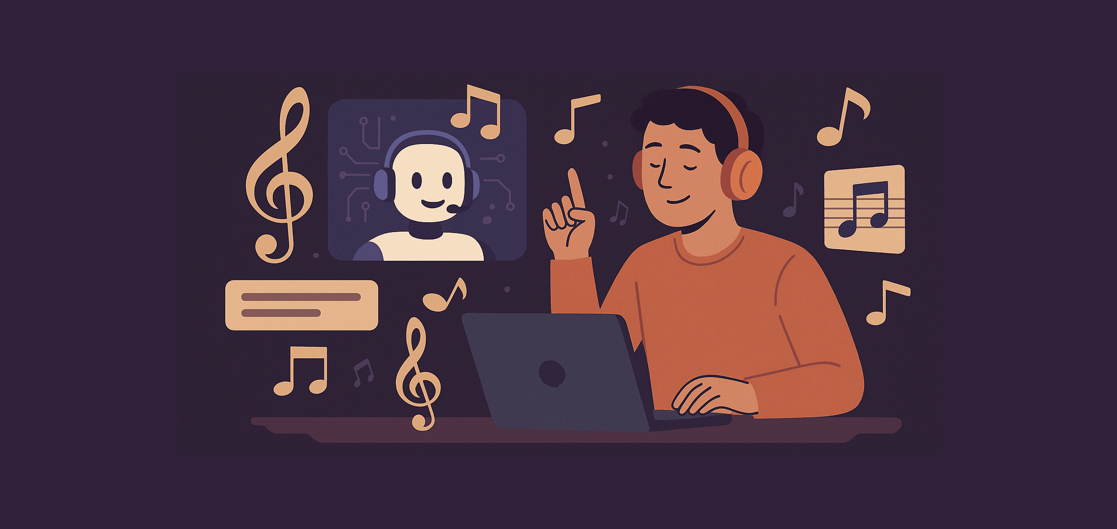 Обложка к статье «Нейросети для создания песен: как это работает простыми словами» — человек за ноутбуком и нейросеть создают музыку.