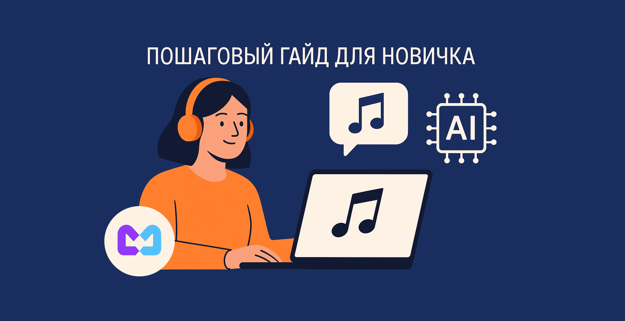Иллюстрация: человек в наушниках за ноутбуком создаёт свою первую песню в нейросети