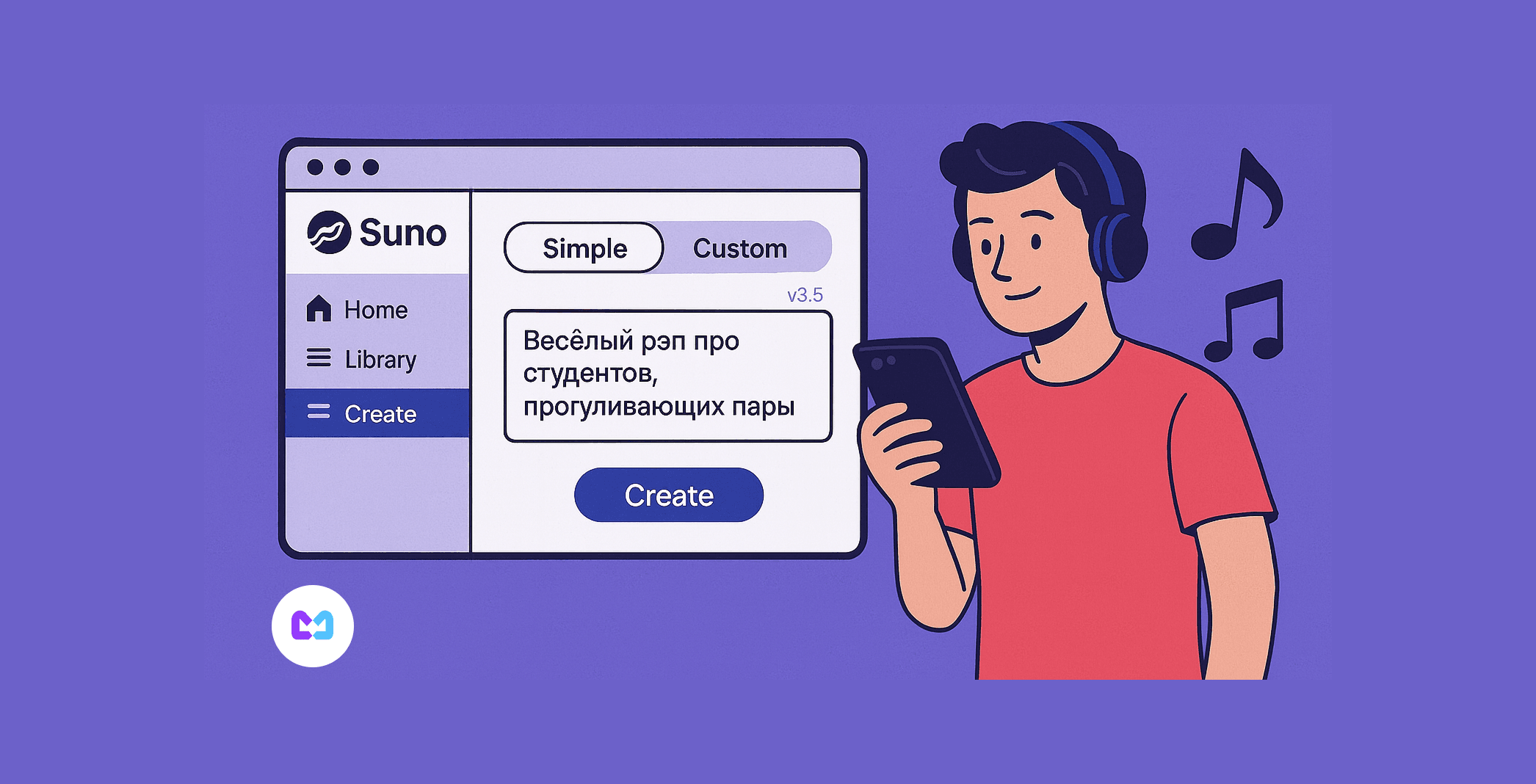 Парень в наушниках смотрит в смартфон на фоне интерфейса нейросети Suno AI для создания песен.