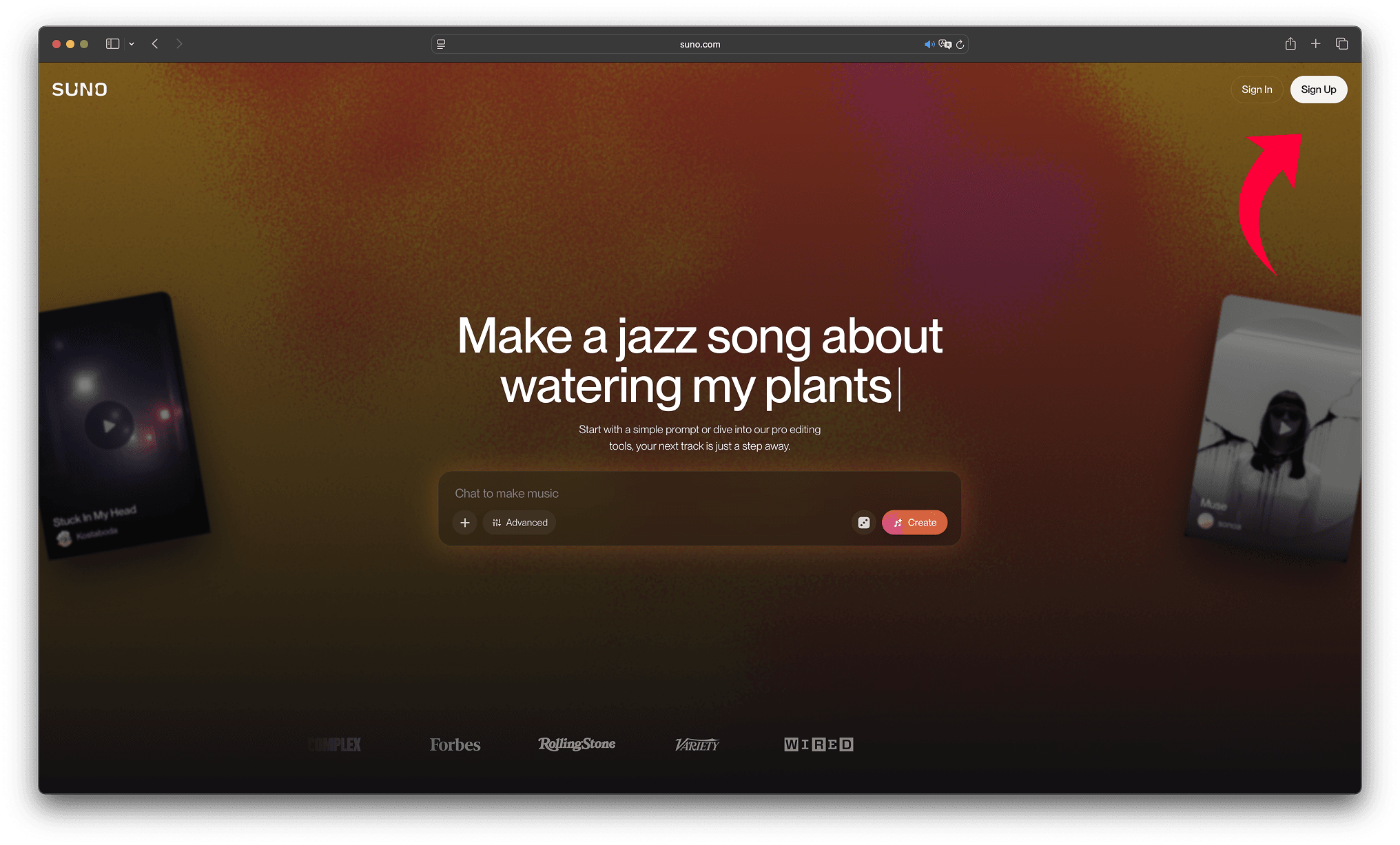 Главная страница сервиса Suno AI с полем ввода промпта и кнопкой Sign Up для регистрации.