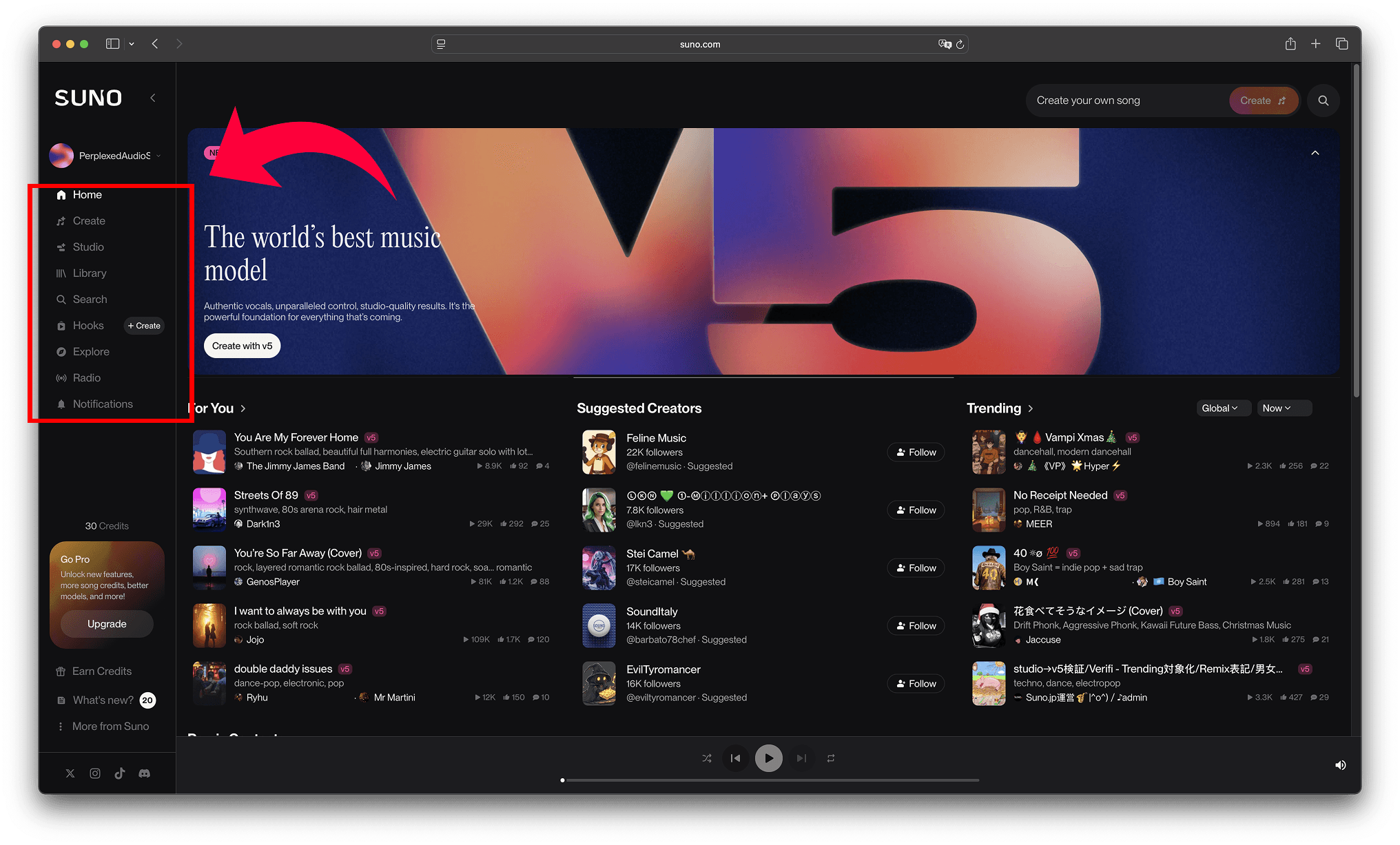 Интерфейс Suno AI после входа в аккаунт с боковым меню и выделенным разделом Create для создания песен.