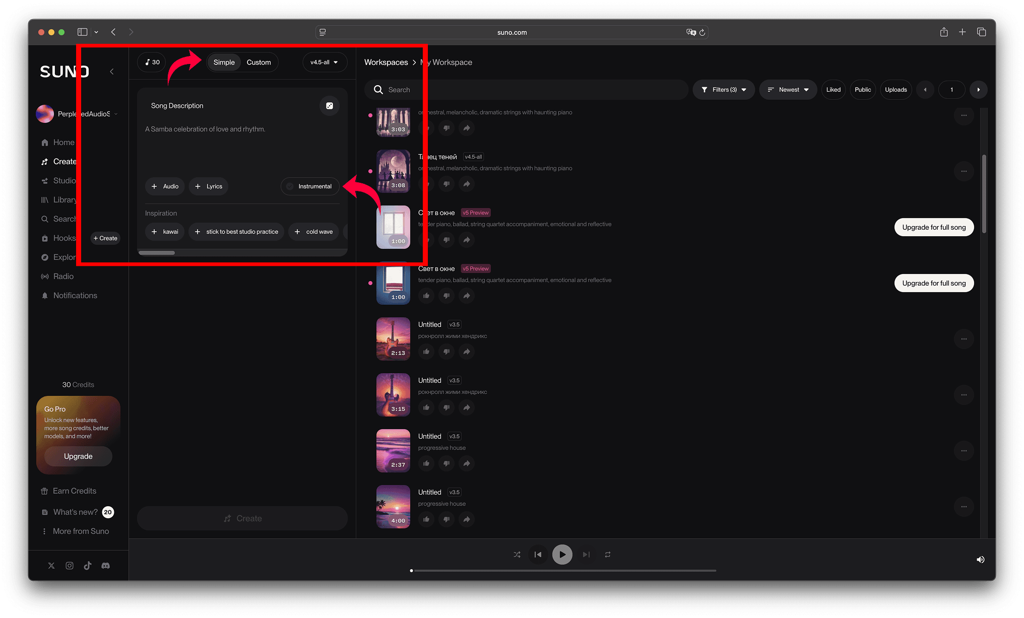 Интерфейс Suno AI в режиме Simple с полем Song Description и выделенной кнопкой Instrumental для создания трека без вокала.