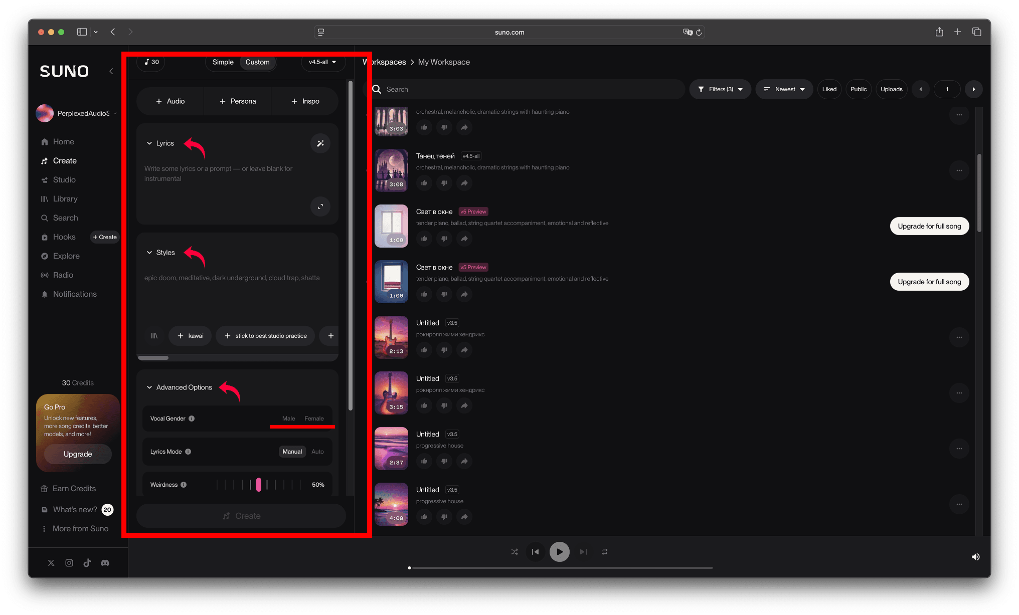 Интерфейс Suno AI в режиме Custom с блоками Lyrics, Styles и Advanced Options, где задаются текст песни, стиль и пол голоса.