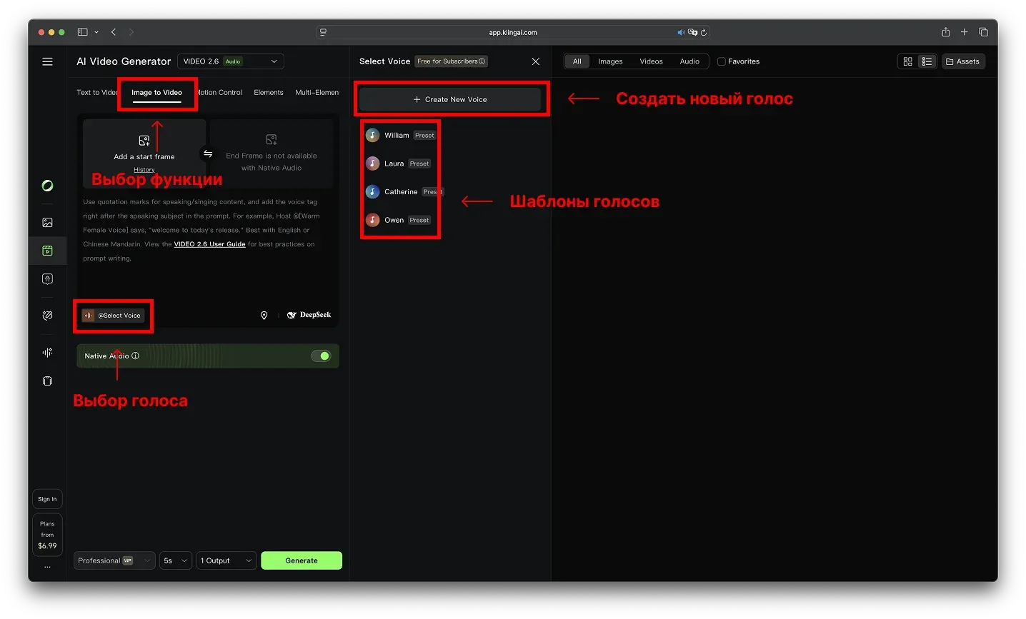 Скриншот Image to Video в Kling AI с пометками: выбор функции, выбор голоса, включение Native Audio, шаблоны голосов и создание нового голоса