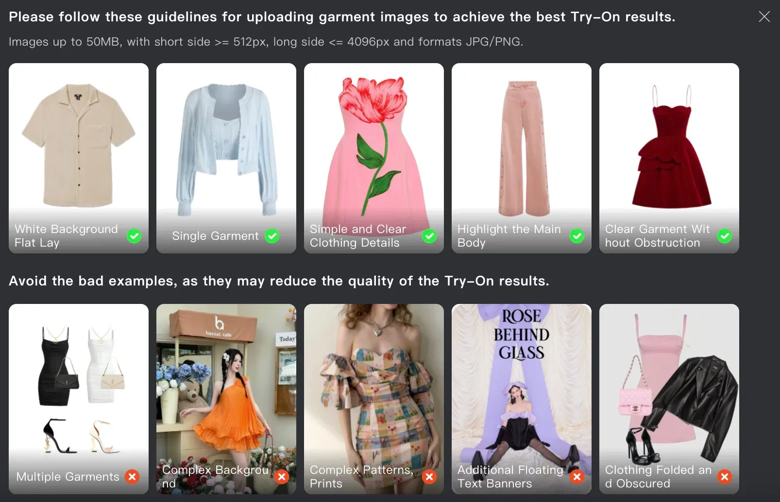 Рекомендации Kling AI для фото одежды в Try-On: хорошие и плохие примеры фона, количества вещей, деталей и перекрытий