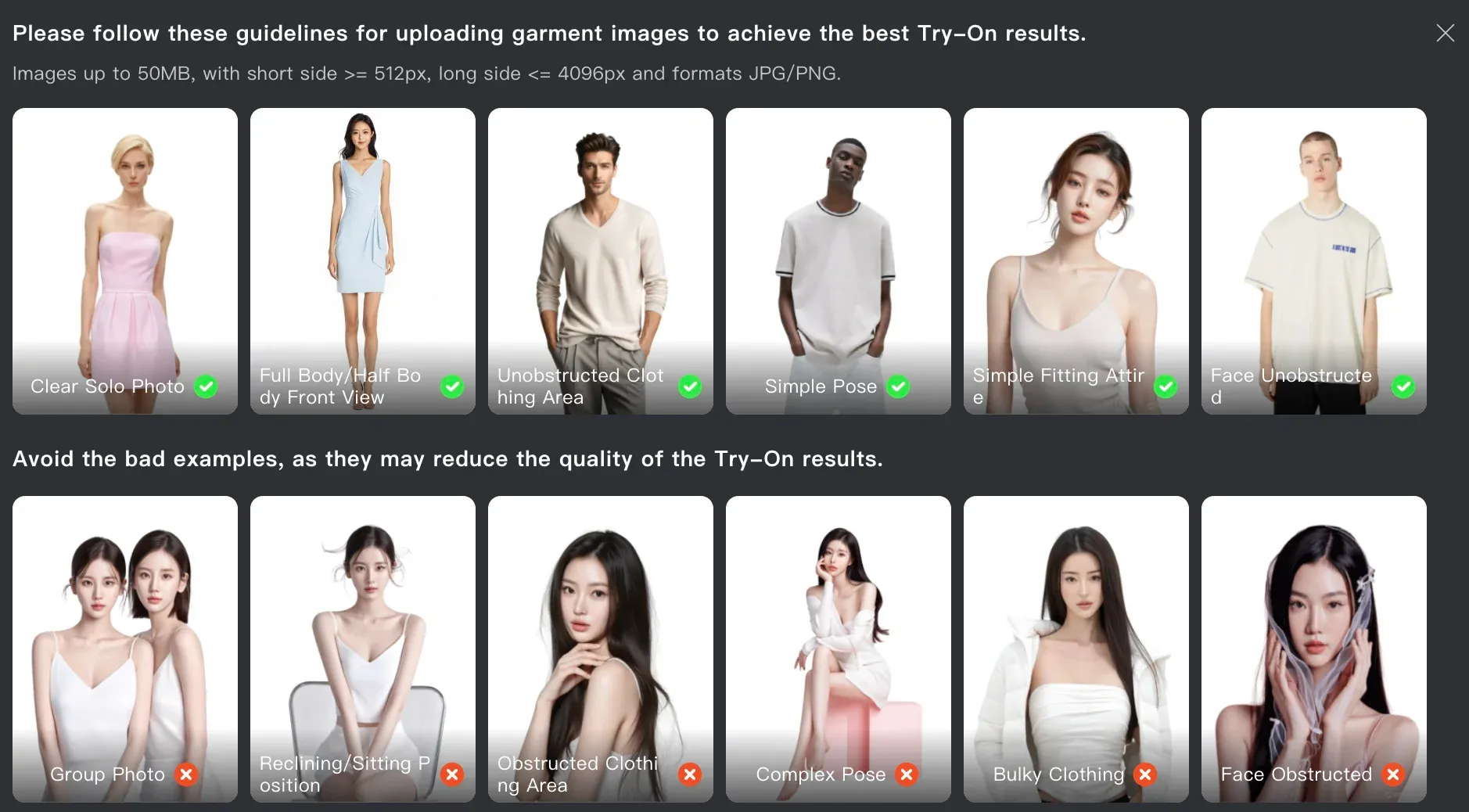 Рекомендации Kling AI для фото одежды в Try-On: хорошие и плохие примеры фона, количества вещей, деталей и перекрытий