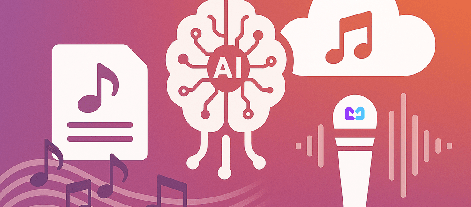 Иллюстрация музыкальной нейросети: мозг ИИ, ноты, микрофон и облако на градиентном фоне