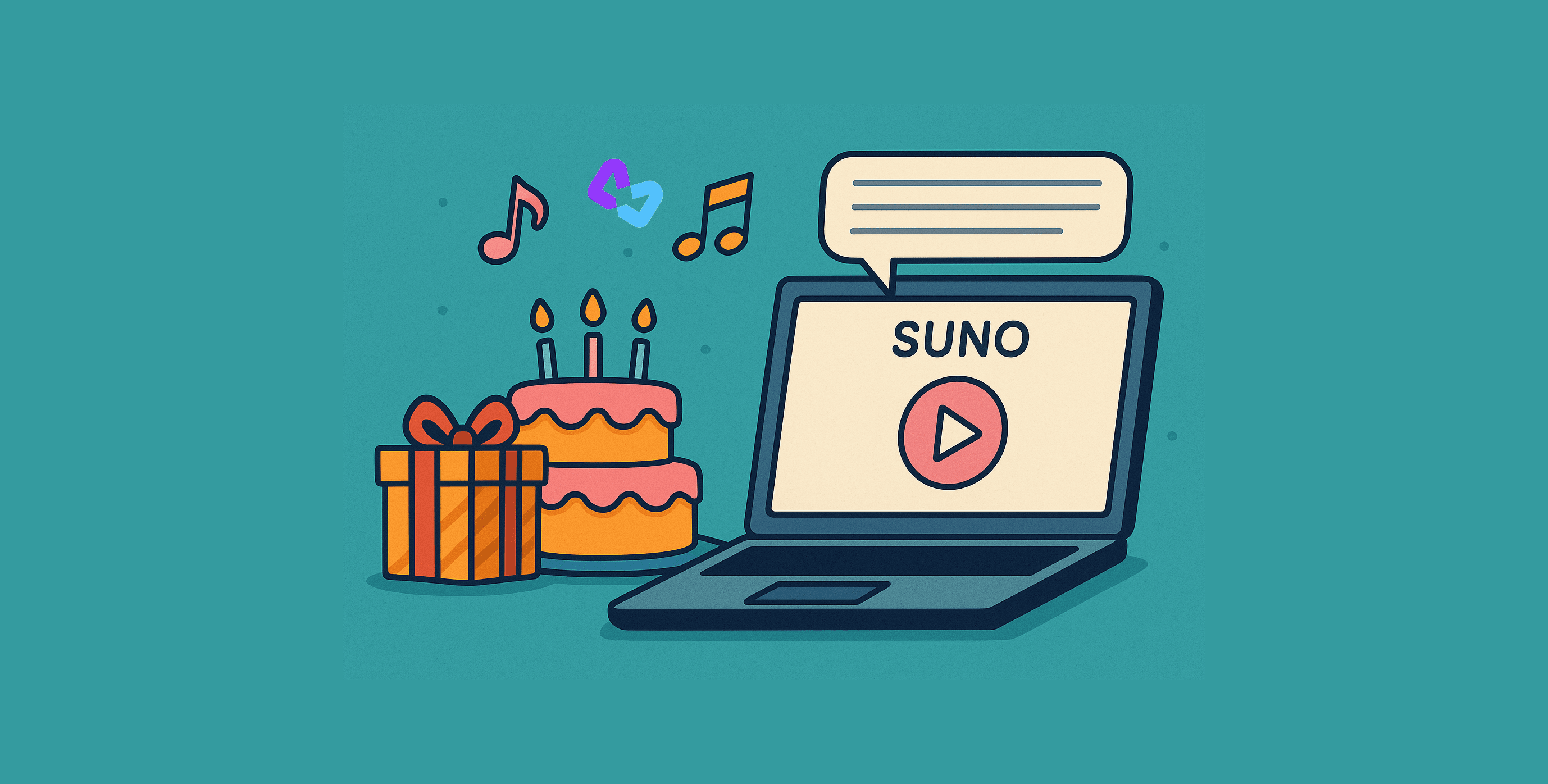 Ноутбук с Suno, тортом и подарком — визуал к песне-поздравлению