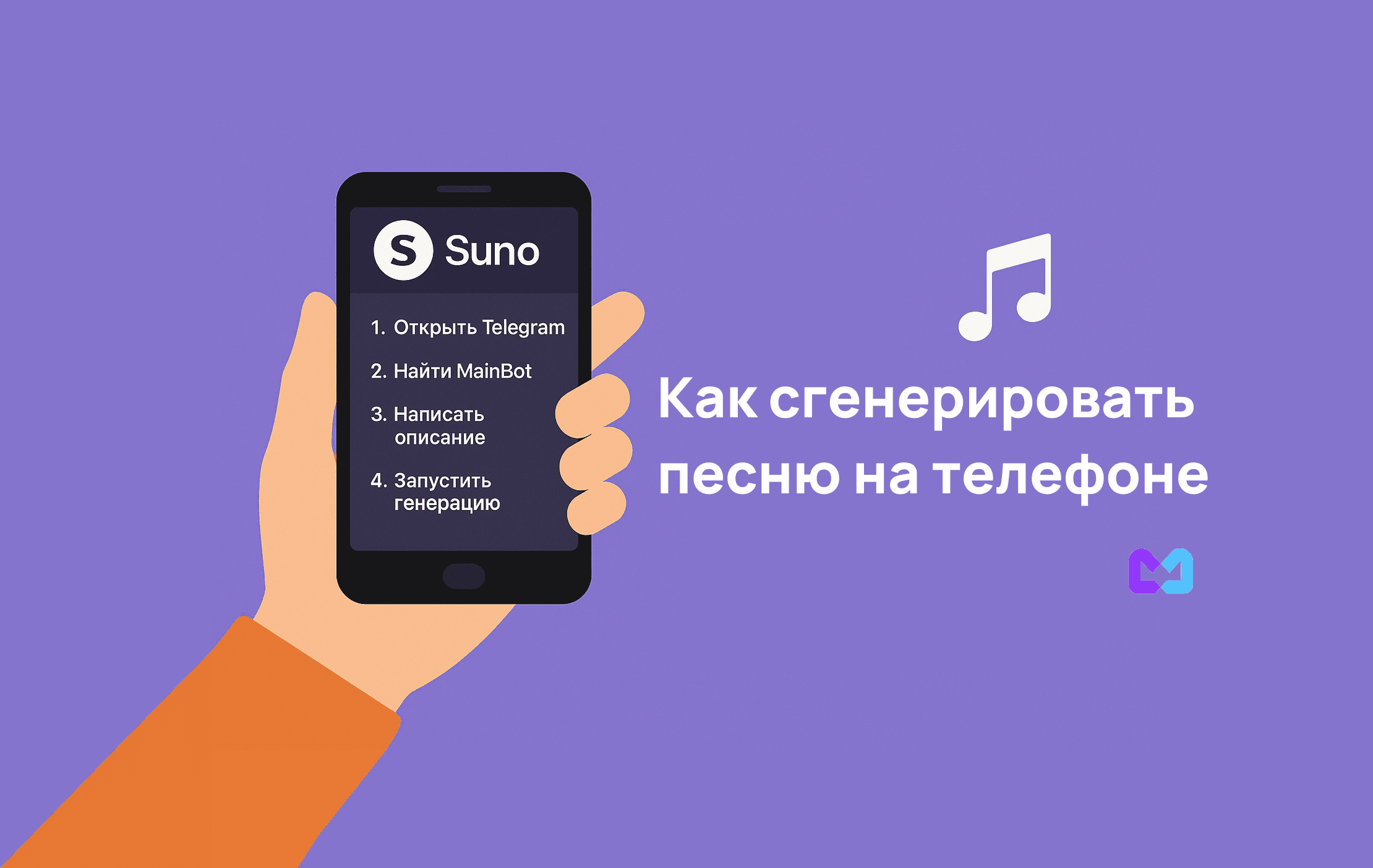 Иллюстрация: рука держит смартфон с Suno и шагами генерации песни