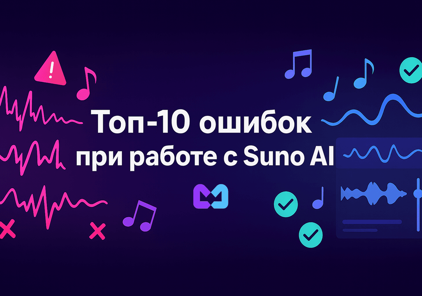 Обложка статьи «Топ-10 ошибок при работе с Suno AI»: слева хаотичные звуковые волны и иконка ошибки, справа аккуратные ноты и интерфейс нейросети.